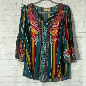 Savanna Jane Teal and Multicolor Embroidered Blouse Size M